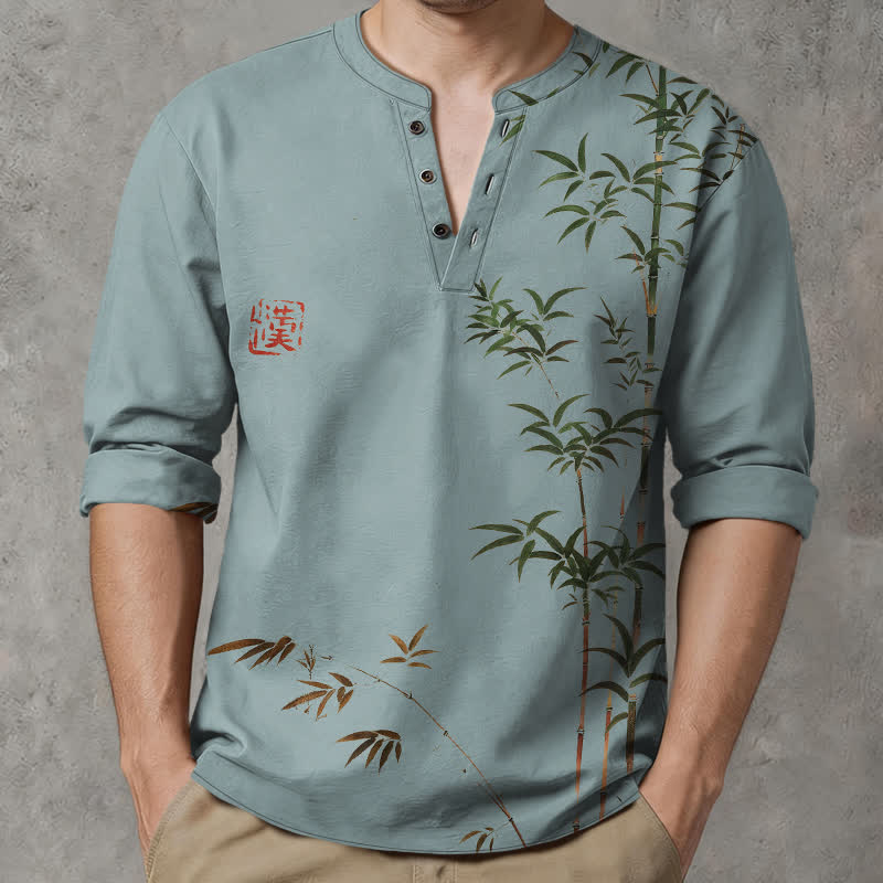 Buddha Stones Camisas de manga larga para hombre de algodón con cuello en V y estampado de sello de bambú oriental. - Azul cadete - US/UK/AU48, UE58 (4XL) - image 14