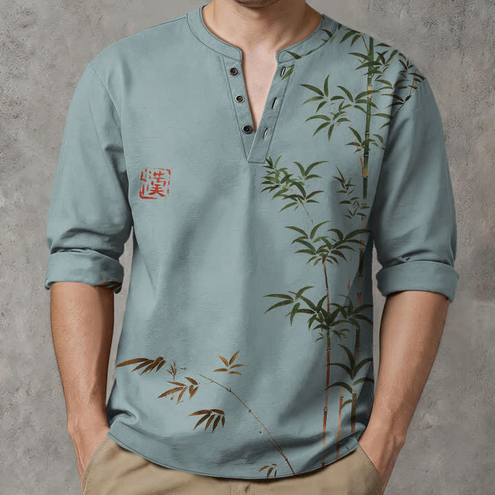 Buddha Stones Camisas de manga larga para hombre de algodón con cuello en V y estampado de sello de bambú oriental. - Azul cadete - US/UK/AU48, UE58 (4XL) - image 14