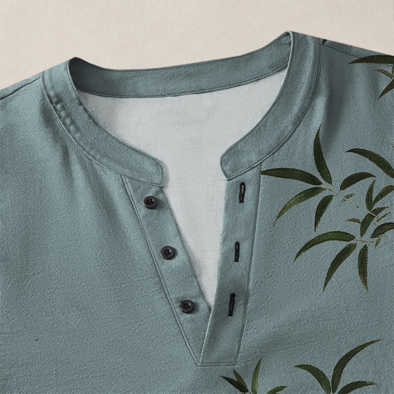 Buddha Stones Camisas de manga larga para hombre de algodón con cuello en V y estampado de sello de bambú oriental. - image 18