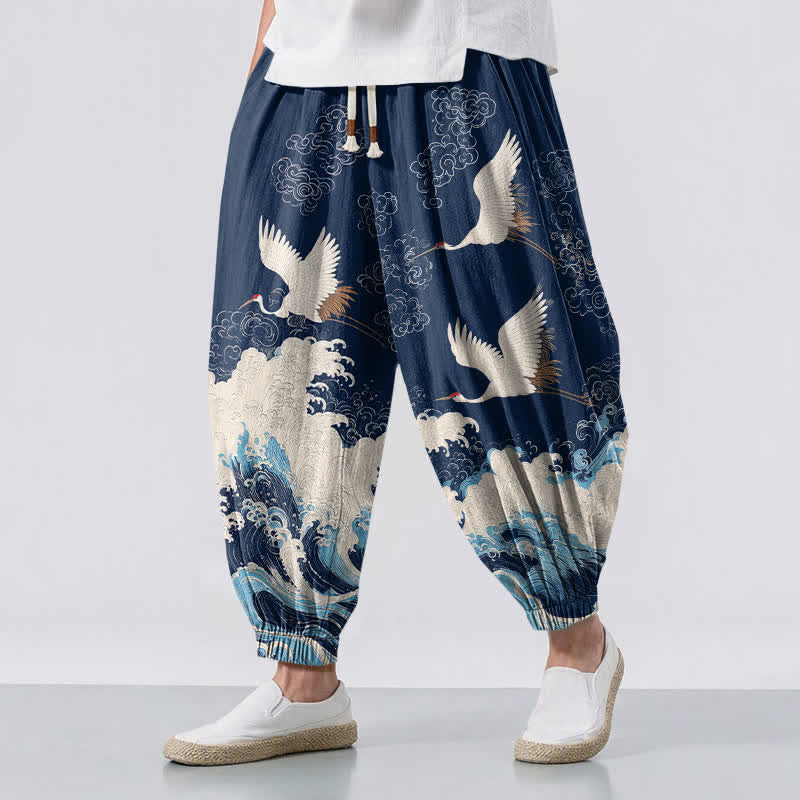 Buddha Stones Pantalones harem para hombre de algodón puro blanco con estampado de grullas y olas, con cordón ajustable y bolsillos. - Marina de guerra - US/UK/AU50, EU60 (5XL) - image 0