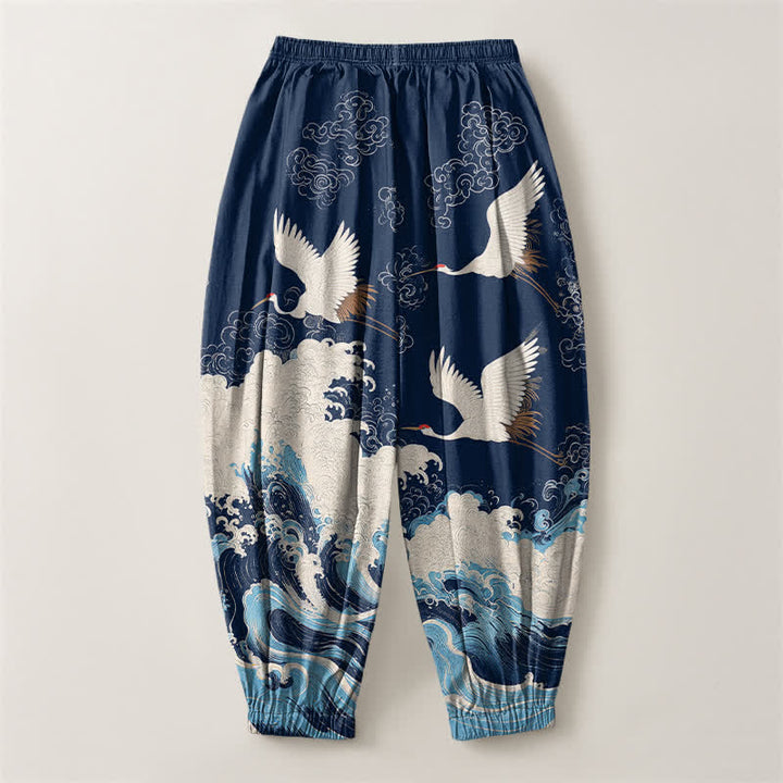 Buddha Stones Pantalones harem para hombre de algodón puro blanco con estampado de grullas y olas, con cordón ajustable y bolsillos. - image 2