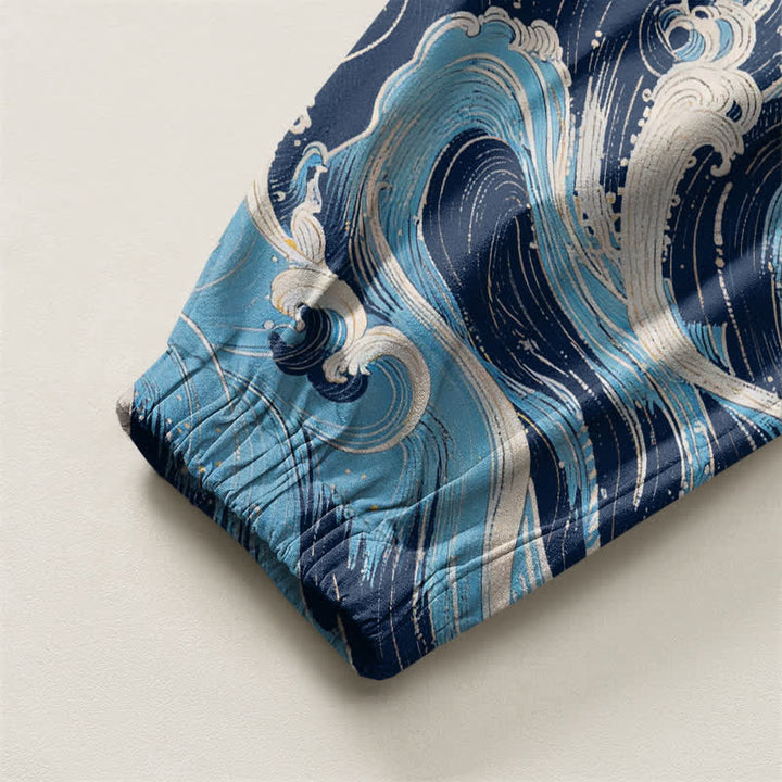 Buddha Stones Pantalones harem para hombre de algodón puro blanco con estampado de grullas y olas, con cordón ajustable y bolsillos. - image 4