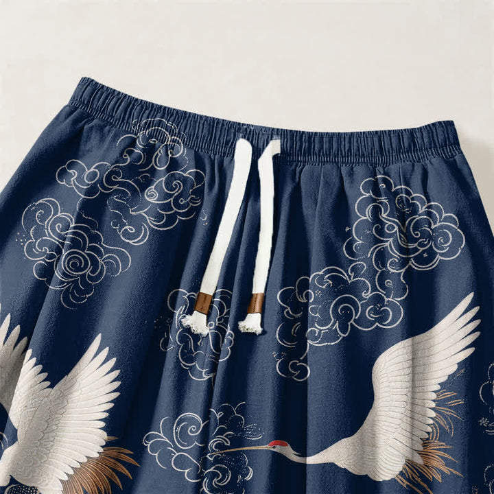 Buddha Stones Pantalones harem para hombre de algodón puro blanco con estampado de grullas y olas, con cordón ajustable y bolsillos. - image 3