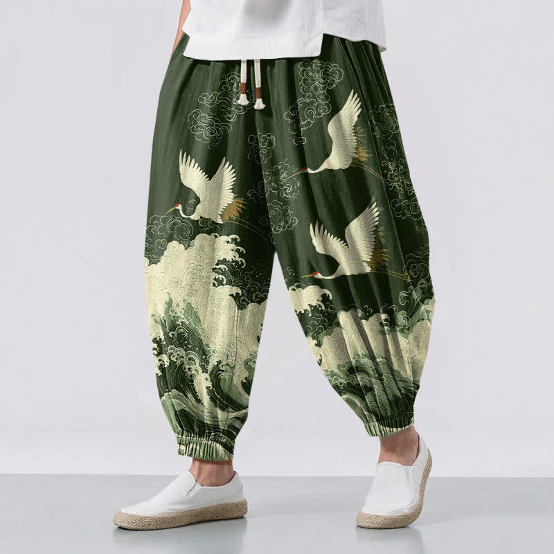 Buddha Stones Pantalones harem para hombre de algodón puro blanco con estampado de grullas y olas, con cordón ajustable y bolsillos. - Verde oliva oscuro - US/UK/AU50, EU60 (5XL) - image 6