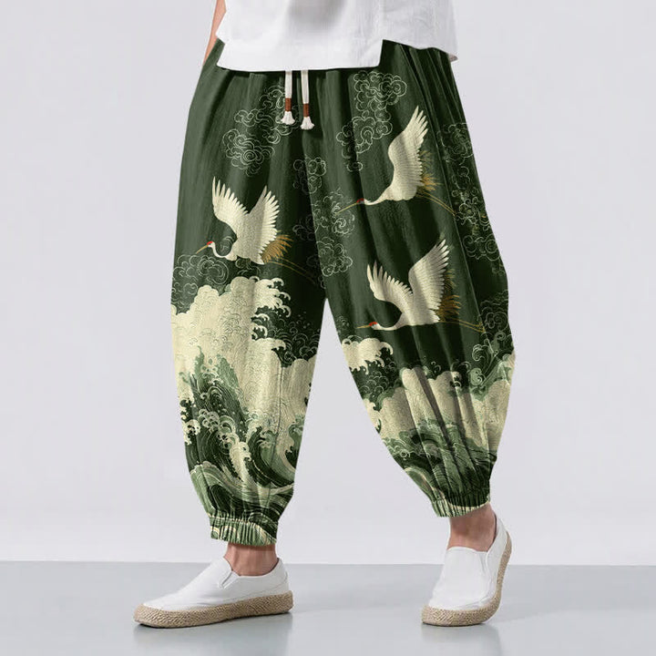Buddha Stones Pantalones harem para hombre de algodón puro blanco con estampado de grullas y olas, con cordón ajustable y bolsillos. - Verde oliva oscuro - US/UK/AU50, EU60 (5XL) - image 6