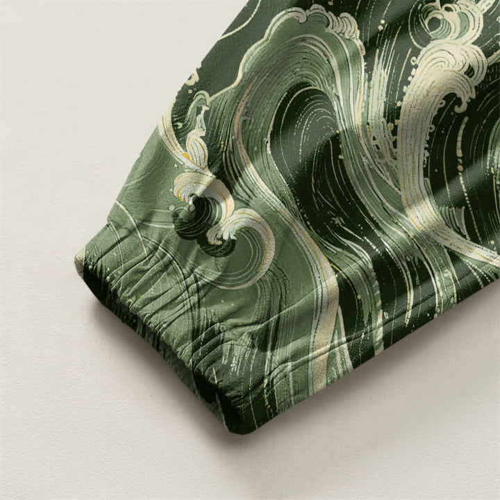 Buddha Stones Pantalones harem para hombre de algodón puro blanco con estampado de grullas y olas, con cordón ajustable y bolsillos. - image 10