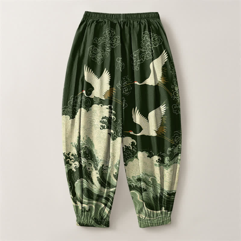 Buddha Stones Pantalones harem para hombre de algodón puro blanco con estampado de grullas y olas, con cordón ajustable y bolsillos. - image 8