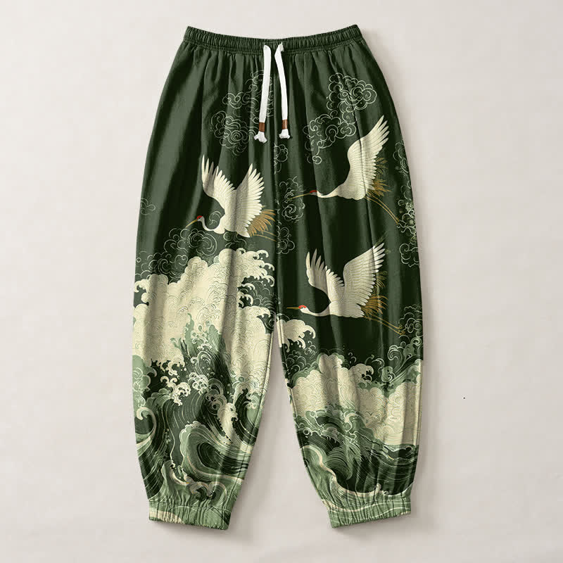 Buddha Stones Pantalones harem para hombre de algodón puro blanco con estampado de grullas y olas, con cordón ajustable y bolsillos. - image 7