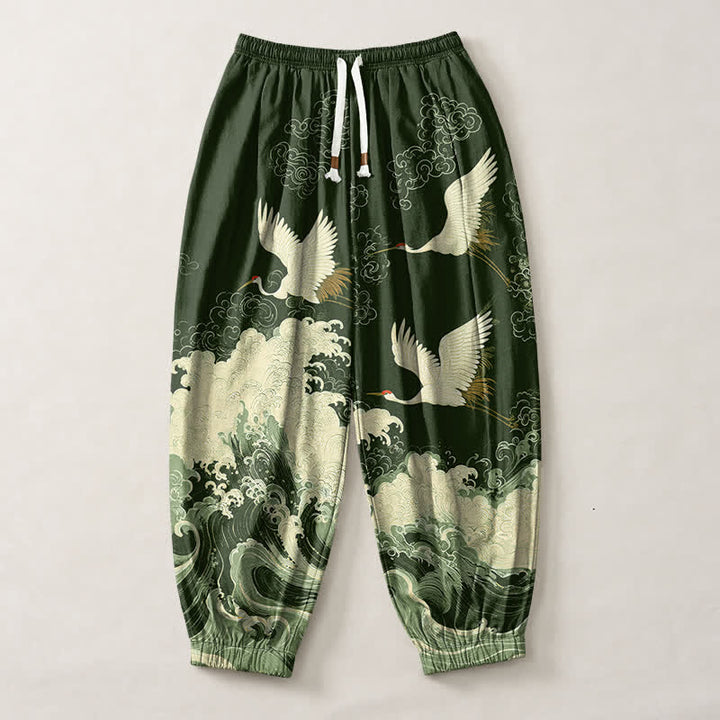 Buddha Stones Pantalones harem para hombre de algodón puro blanco con estampado de grullas y olas, con cordón ajustable y bolsillos. - image 7