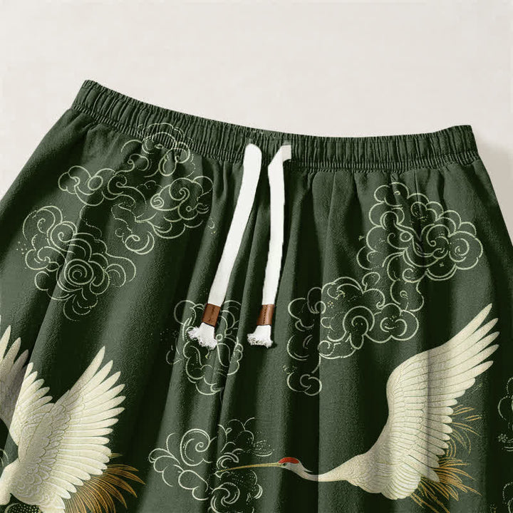 Buddha Stones Pantalones harem para hombre de algodón puro blanco con estampado de grullas y olas, con cordón ajustable y bolsillos. - image 9