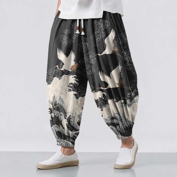 Buddha Stones Pantalones harem para hombre de algodón puro blanco con estampado de grullas y olas, con cordón ajustable y bolsillos. - Negro - US/UK/AU50, EU60 (5XL) - image 12