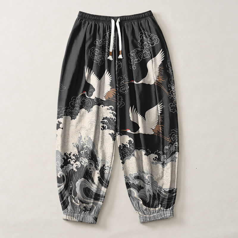 Buddha Stones Pantalones harem para hombre de algodón puro blanco con estampado de grullas y olas, con cordón ajustable y bolsillos. - image 13