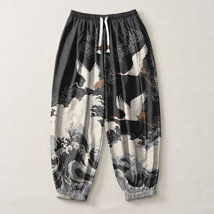 Buddha Stones Pantalones harem para hombre de algodón puro blanco con estampado de grullas y olas, con cordón ajustable y bolsillos. - image 13