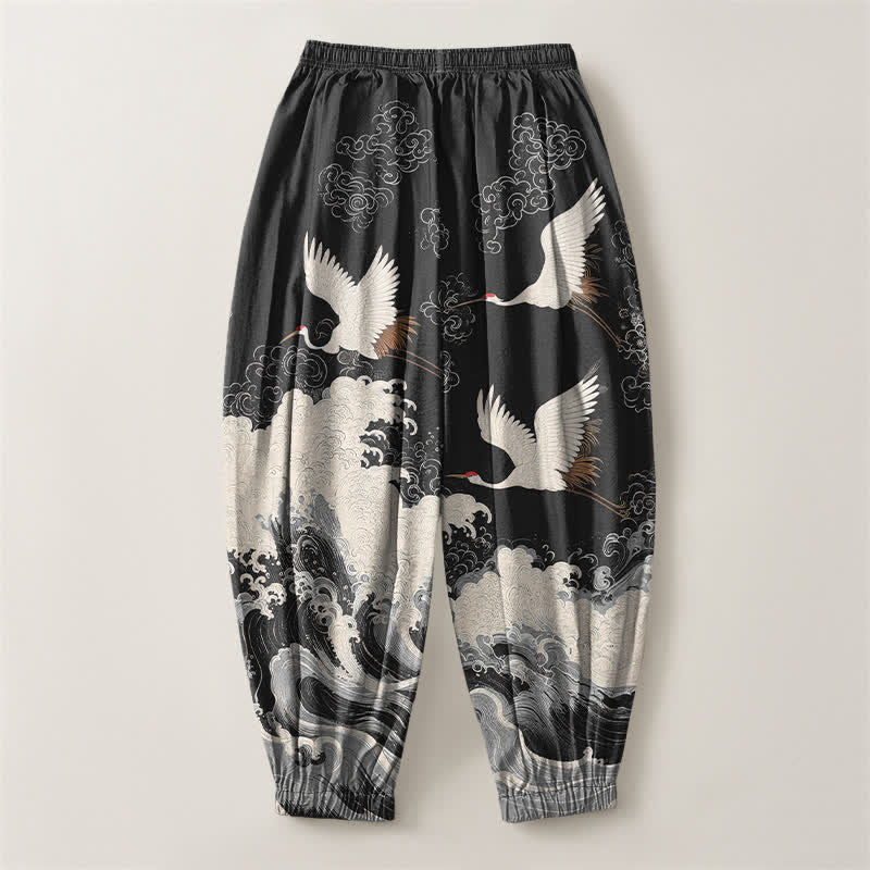 Buddha Stones Pantalones harem para hombre de algodón puro blanco con estampado de grullas y olas, con cordón ajustable y bolsillos. - image 14