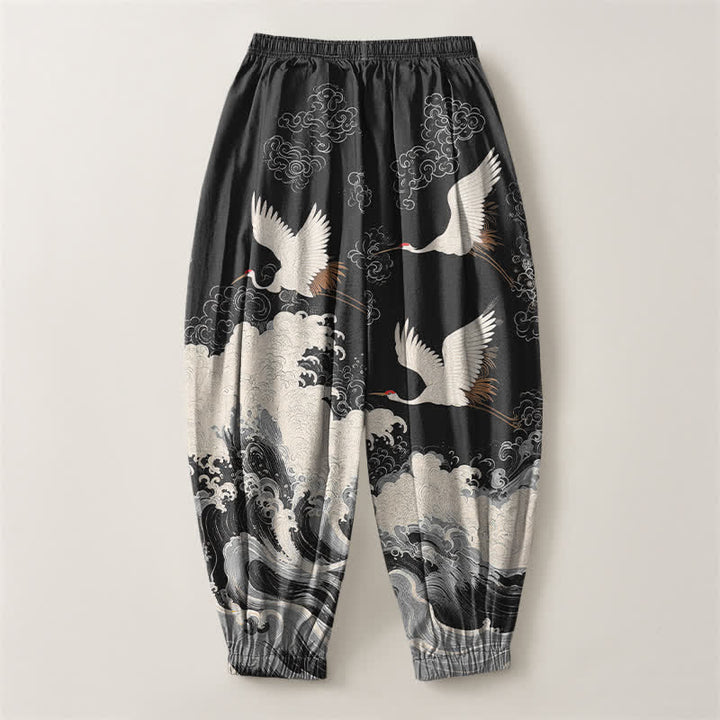 Buddha Stones Pantalones harem para hombre de algodón puro blanco con estampado de grullas y olas, con cordón ajustable y bolsillos. - image 14