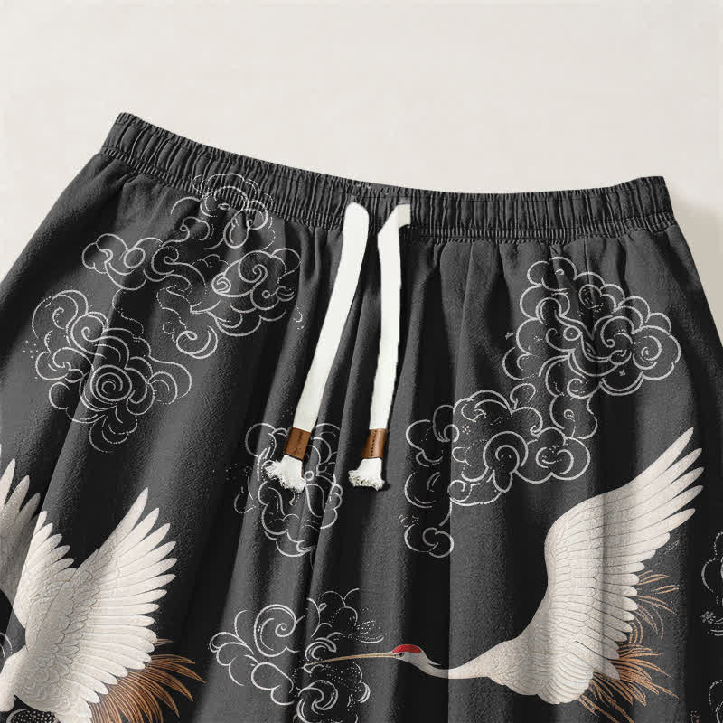 Buddha Stones Pantalones harem para hombre de algodón puro blanco con estampado de grullas y olas, con cordón ajustable y bolsillos. - image 15