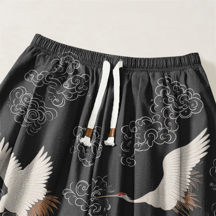 Buddha Stones Pantalones harem para hombre de algodón puro blanco con estampado de grullas y olas, con cordón ajustable y bolsillos. - image 15