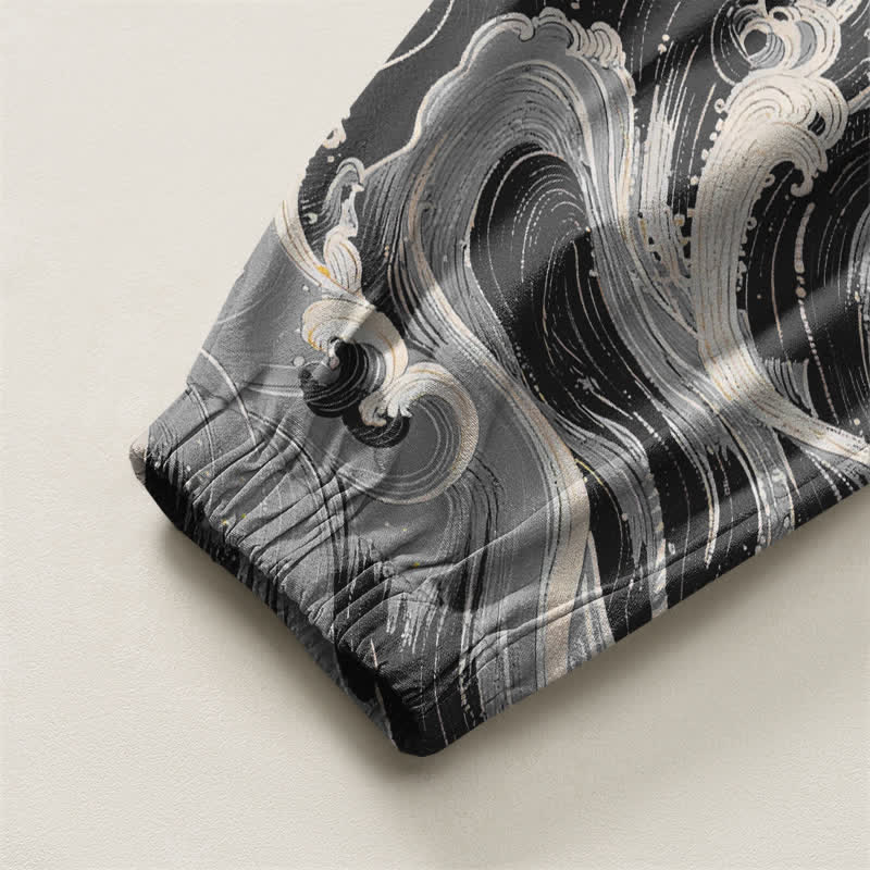 Buddha Stones Pantalones harem para hombre de algodón puro blanco con estampado de grullas y olas, con cordón ajustable y bolsillos. - image 16