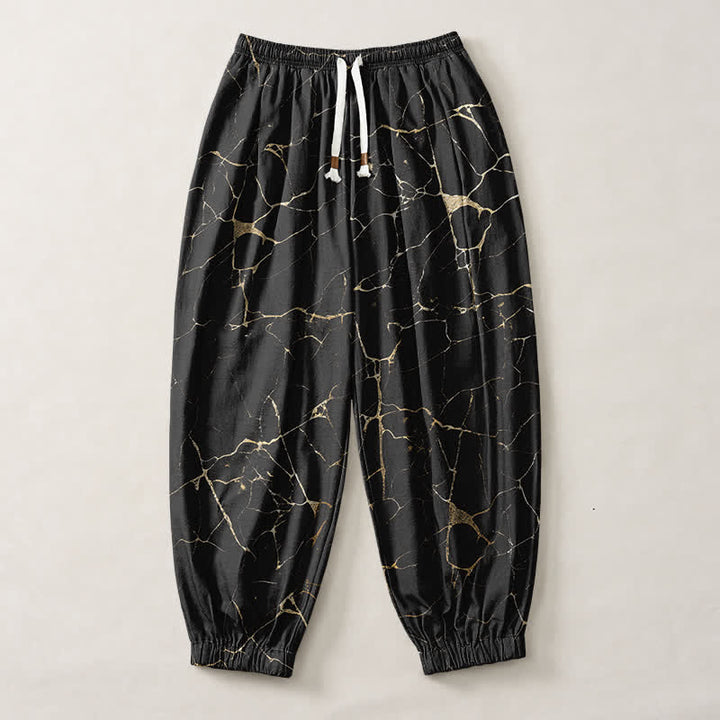 Buddha Stones Pantalones harem para hombre de algodón puro con estampado de vetas de mármol estilo boho, cordón ajustable y bolsillos. - image 1