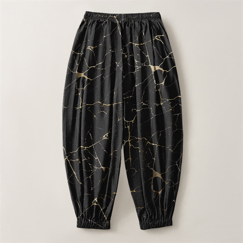 Buddha Stones Pantalones harem para hombre de algodón puro con estampado de vetas de mármol estilo boho, cordón ajustable y bolsillos. - image 2
