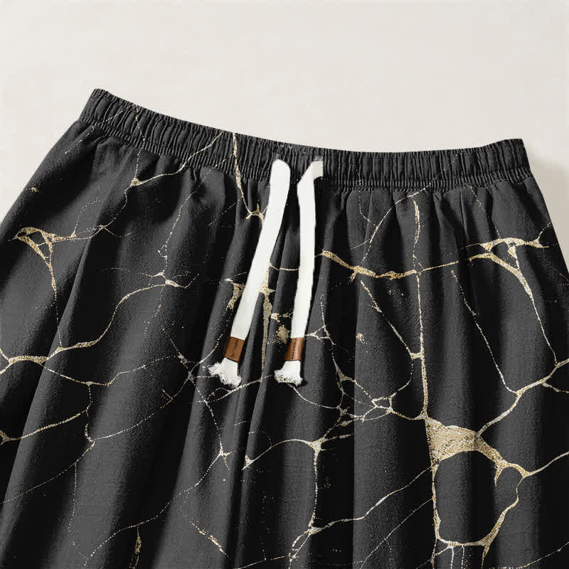 Buddha Stones Pantalones harem para hombre de algodón puro con estampado de vetas de mármol estilo boho, cordón ajustable y bolsillos. - image 3