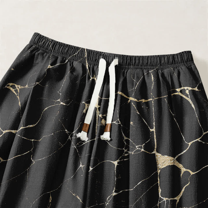 Buddha Stones Pantalones harem para hombre de algodón puro con estampado de vetas de mármol estilo boho, cordón ajustable y bolsillos. - image 3