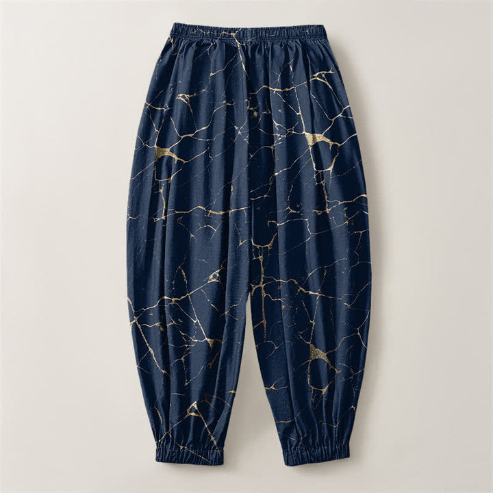 Buddha Stones Pantalones harem para hombre de algodón puro con estampado de vetas de mármol estilo boho, cordón ajustable y bolsillos. - image 8