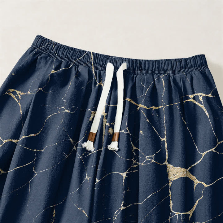 Buddha Stones Pantalones harem para hombre de algodón puro con estampado de vetas de mármol estilo boho, cordón ajustable y bolsillos. - image 9