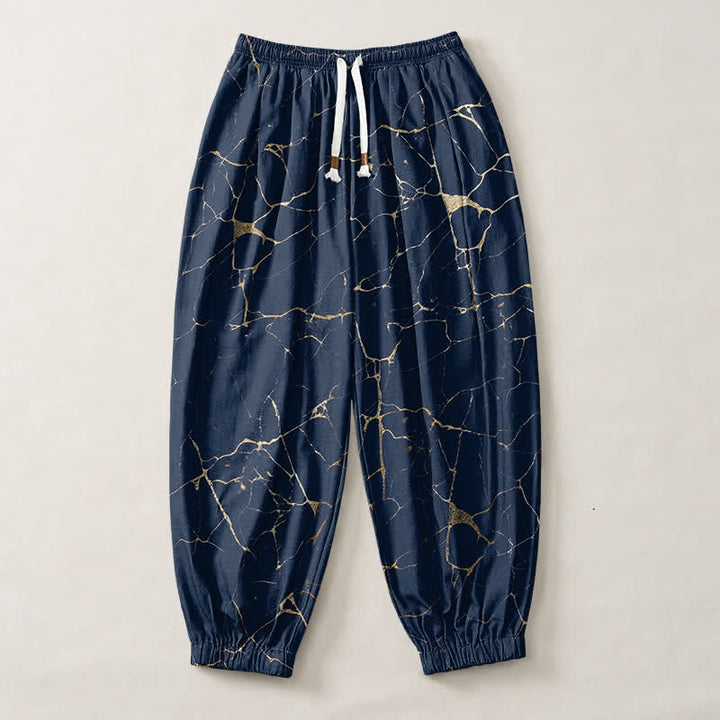 Buddha Stones Pantalones harem para hombre de algodón puro con estampado de vetas de mármol estilo boho, cordón ajustable y bolsillos. - image 7