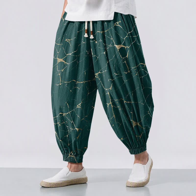 Buddha Stones Pantalones harem para hombre de algodón puro con estampado de vetas de mármol estilo boho, cordón ajustable y bolsillos. - Verde azulado - US/UK/AU50, EU60 (5XL) - image 12
