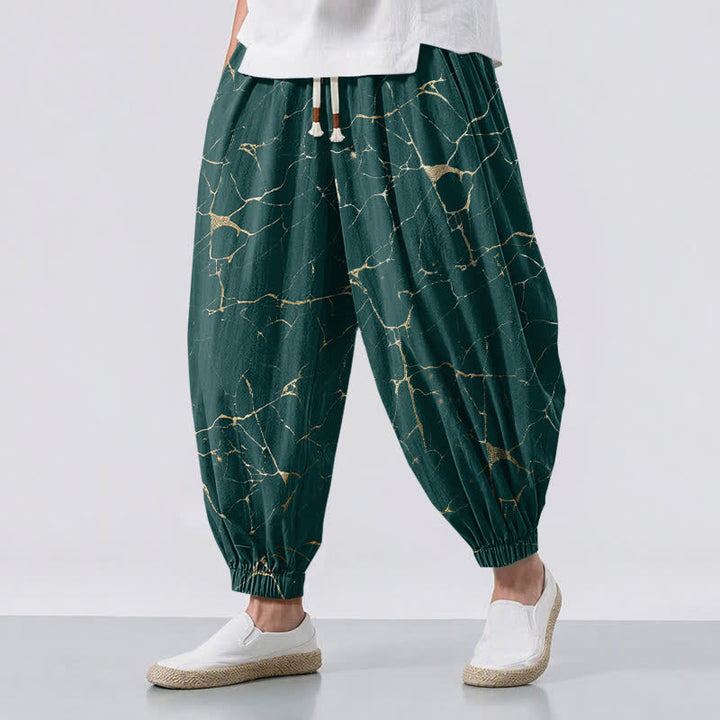 Buddha Stones Pantalones harem para hombre de algodón puro con estampado de vetas de mármol estilo boho, cordón ajustable y bolsillos. - Verde azulado - US/UK/AU50, EU60 (5XL) - image 12