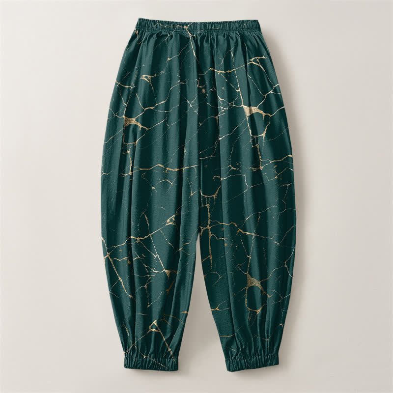 Buddha Stones Pantalones harem para hombre de algodón puro con estampado de vetas de mármol estilo boho, cordón ajustable y bolsillos. - image 14