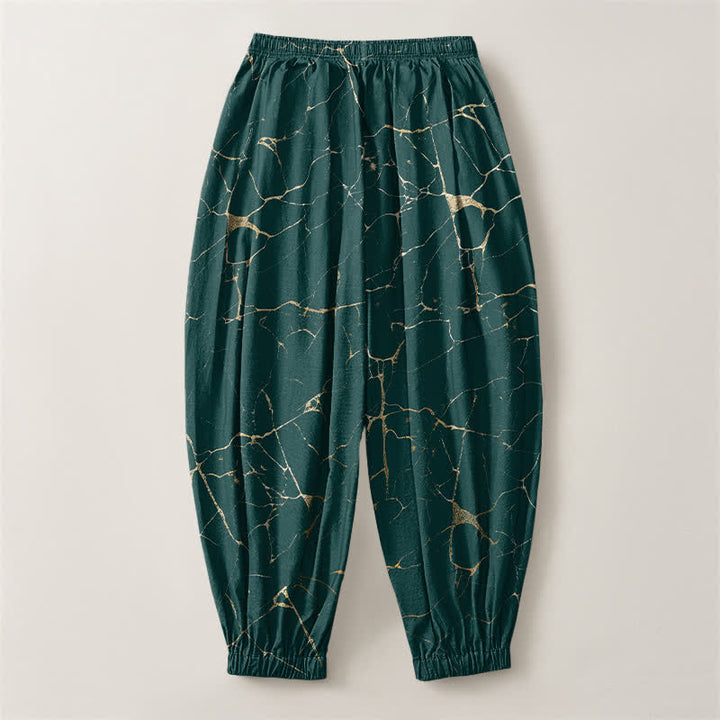 Buddha Stones Pantalones harem para hombre de algodón puro con estampado de vetas de mármol estilo boho, cordón ajustable y bolsillos. - image 14