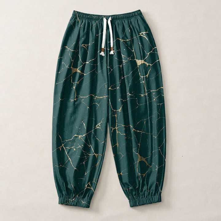 Buddha Stones Pantalones harem para hombre de algodón puro con estampado de vetas de mármol estilo boho, cordón ajustable y bolsillos. - image 13