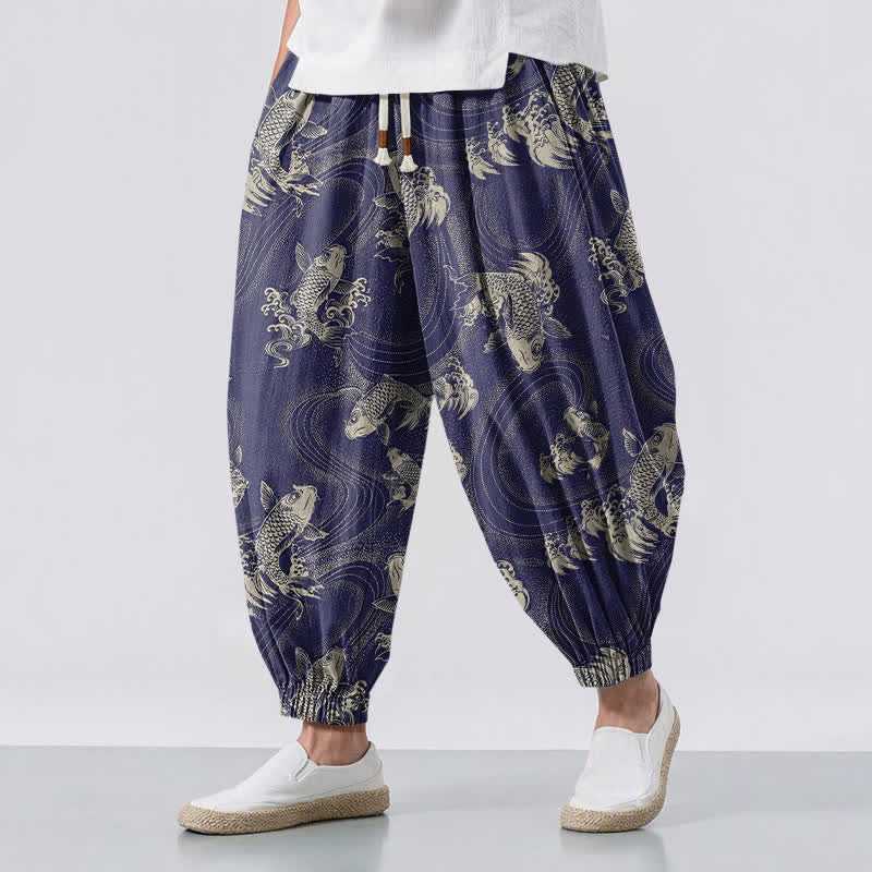 Buddha Stones Pantalones harem para hombre de algodón puro con estampado de carpas y cordón ajustable, con bolsillos. - Marina de guerra - US/UK/AU50, EU60 (5XL) - image 0