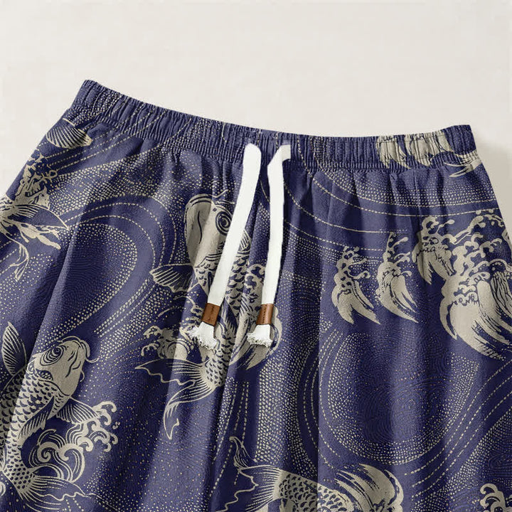 Buddha Stones Pantalones harem para hombre de algodón puro con estampado de carpas y cordón ajustable, con bolsillos. - image 3