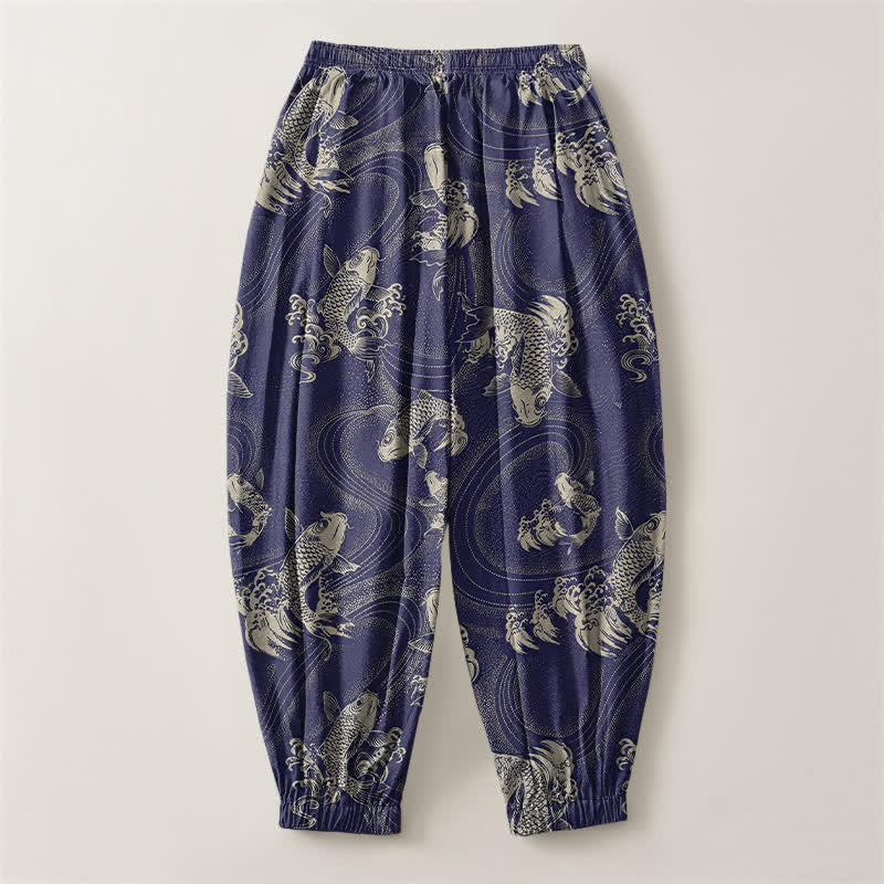 Buddha Stones Pantalones harem para hombre de algodón puro con estampado de carpas y cordón ajustable, con bolsillos. - image 2