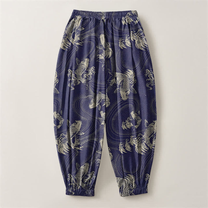 Buddha Stones Pantalones harem para hombre de algodón puro con estampado de carpas y cordón ajustable, con bolsillos. - image 2