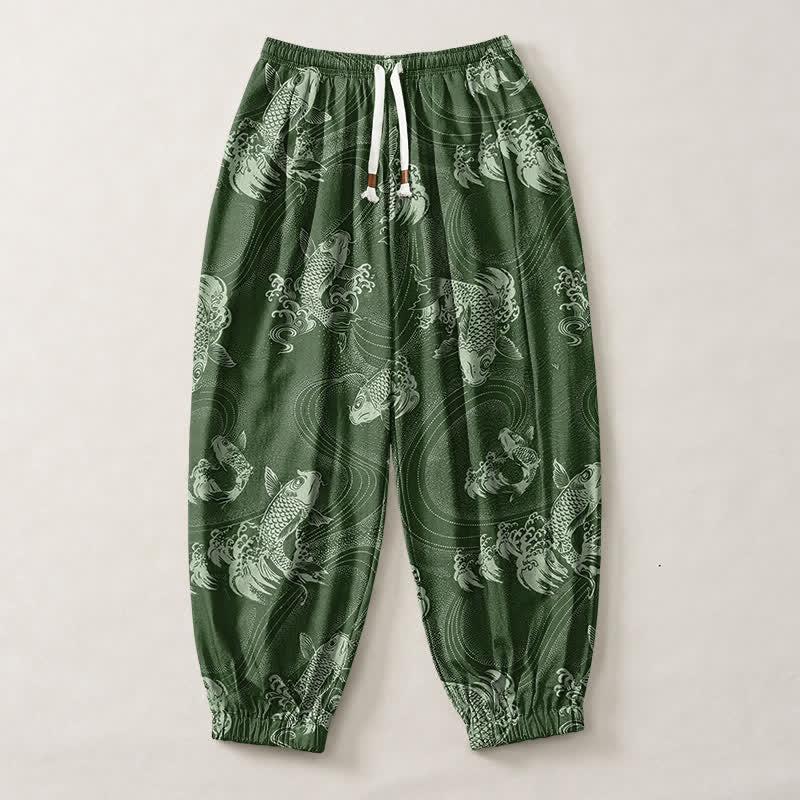 Buddha Stones Pantalones harem para hombre de algodón puro con estampado de carpas y cordón ajustable, con bolsillos. - image 7