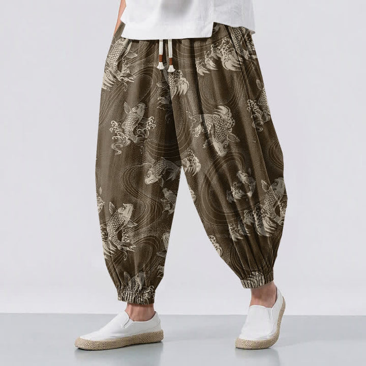 Buddha Stones Pantalones harem para hombre de algodón puro con estampado de carpas y cordón ajustable, con bolsillos. - Marrón silla de montar - US/UK/AU50, EU60 (5XL) - image 12