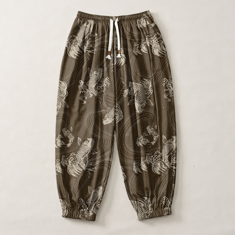 Buddha Stones Pantalones harem para hombre de algodón puro con estampado de carpas y cordón ajustable, con bolsillos. - image 13