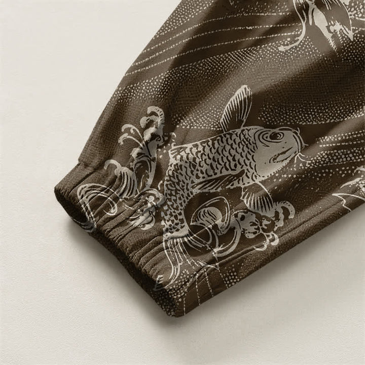 Buddha Stones Pantalones harem para hombre de algodón puro con estampado de carpas y cordón ajustable, con bolsillos. - image 16