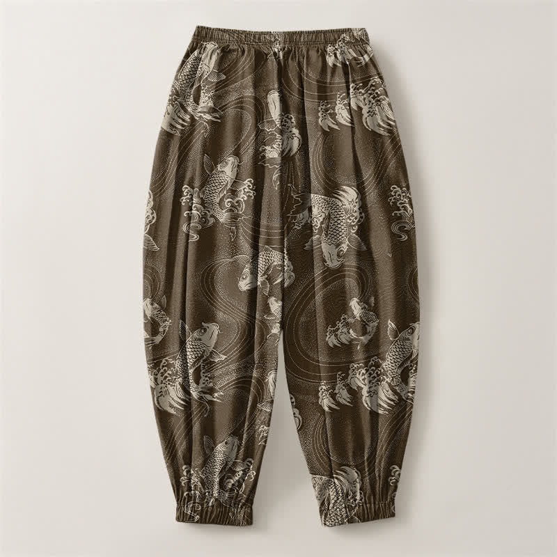 Buddha Stones Pantalones harem para hombre de algodón puro con estampado de carpas y cordón ajustable, con bolsillos. - image 14