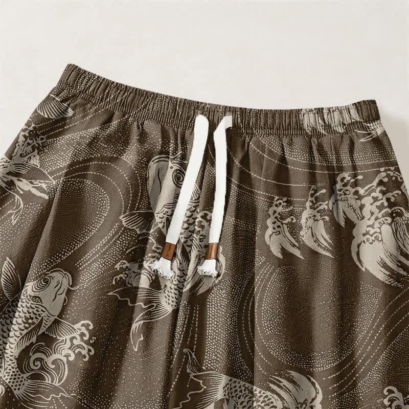 Buddha Stones Pantalones harem para hombre de algodón puro con estampado de carpas y cordón ajustable, con bolsillos. - image 15