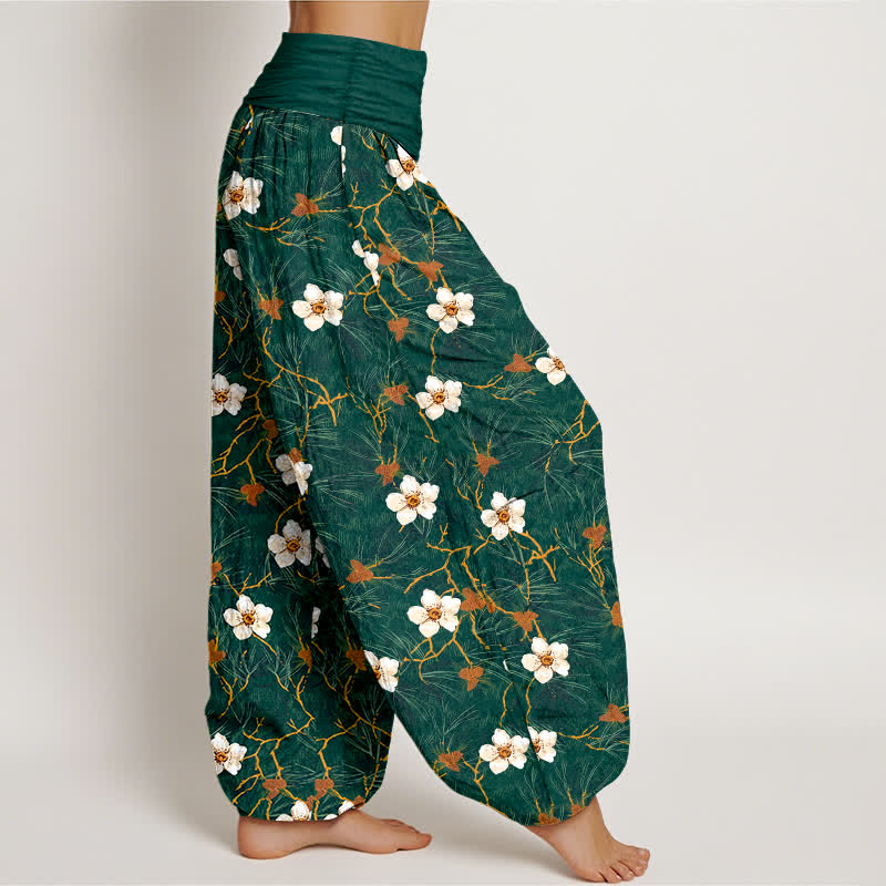 Buddha Stones Pantalones harem de mujer con cintura elástica y estampado floral en algodón blanco. - image 1