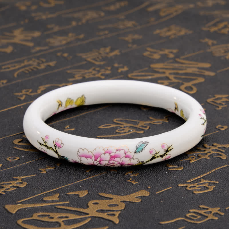 Buddha Stones Pulsera rígida de cerámica elegante con diseño de peonía y pintada a mano. - image 10