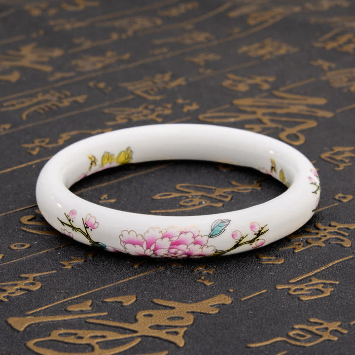 Buddha Stones Pulsera rígida de cerámica elegante con diseño de peonía y pintada a mano. - image 10