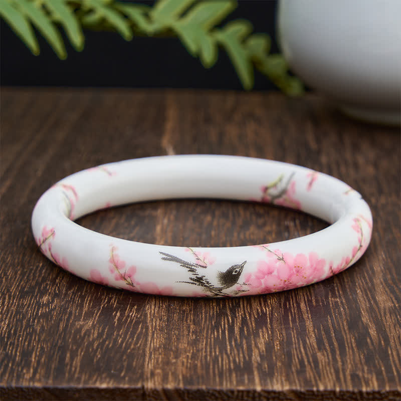 Buddha Stones Pulsera rígida de cerámica pintada a mano con flores de urraca, elegante diseño - Redondo - image 0