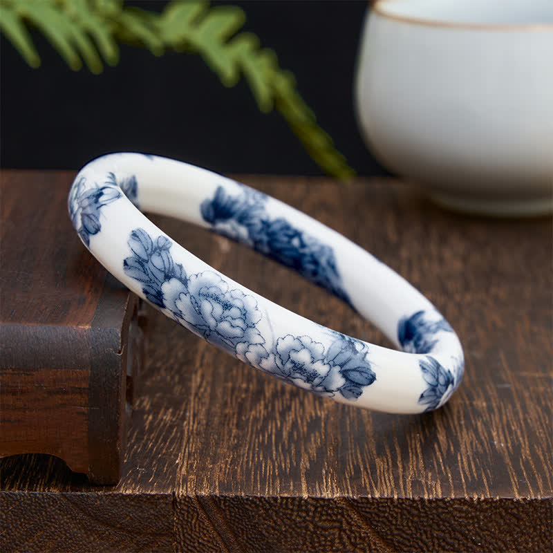 Buddha Stones Pulsera rígida de cerámica con diseño floral de peonía azul - image 1