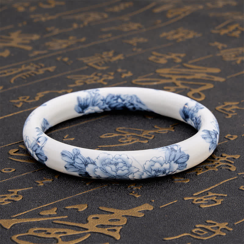 Buddha Stones Pulsera rígida de cerámica con diseño floral de peonía azul - image 3